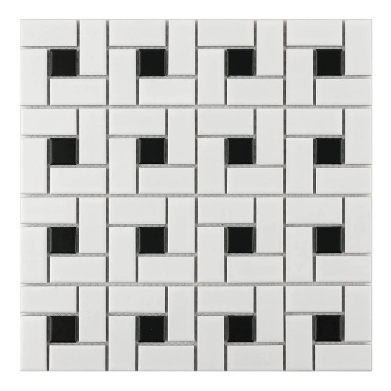 Essentials Black and White Dot Pinwheel Tile in a matte finish for kitchen backsplashes, bathrooms, showers, fireplace, foyers, floors, and accent/featured walls.