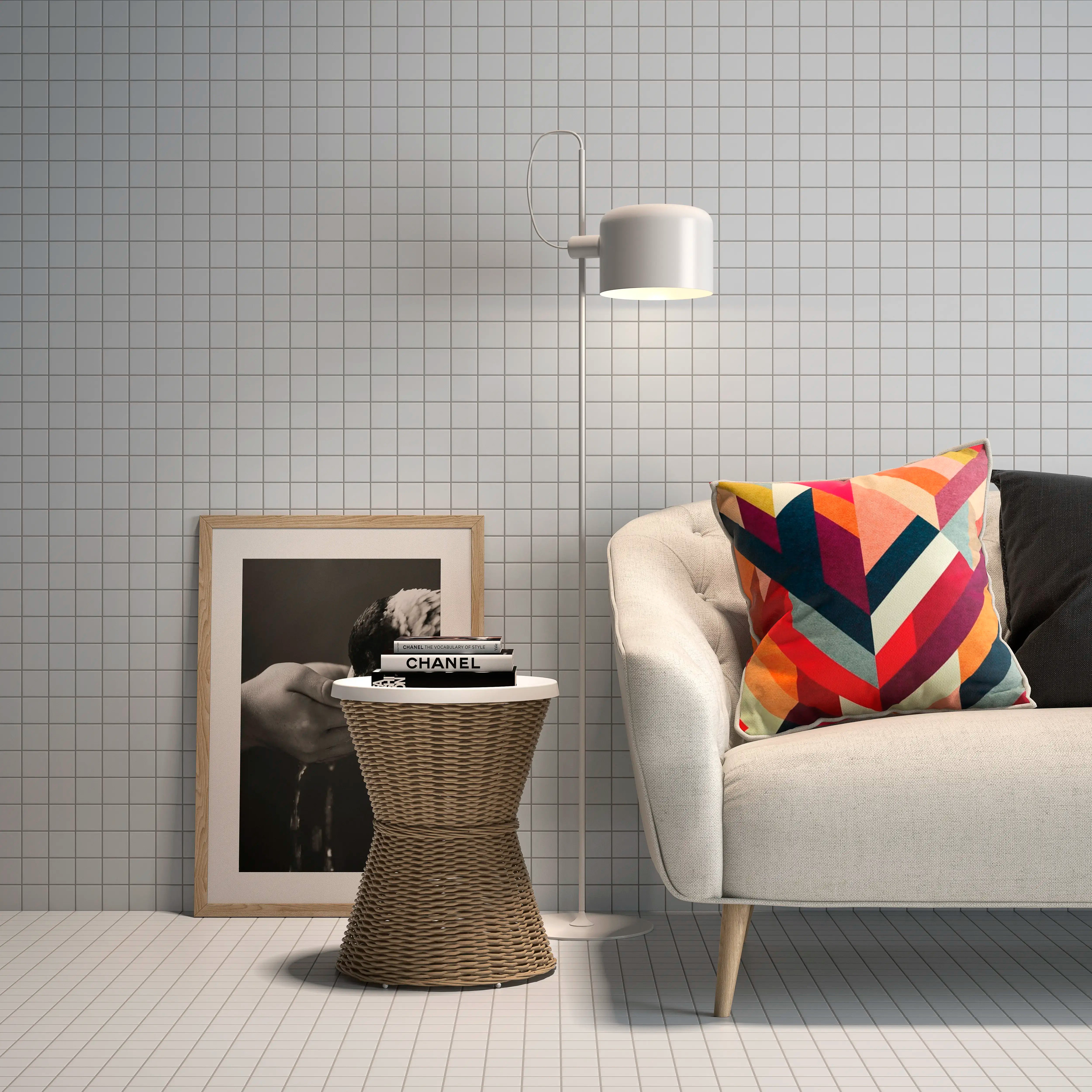 2x2 matte finish porcelain mosaic tiles in snow white, installed on a stylish living room wall for a clean, modern look