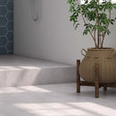 Encaustic Porcelain Tile Tender Gray Matte Finish 8x8 featured on a bathroom floor