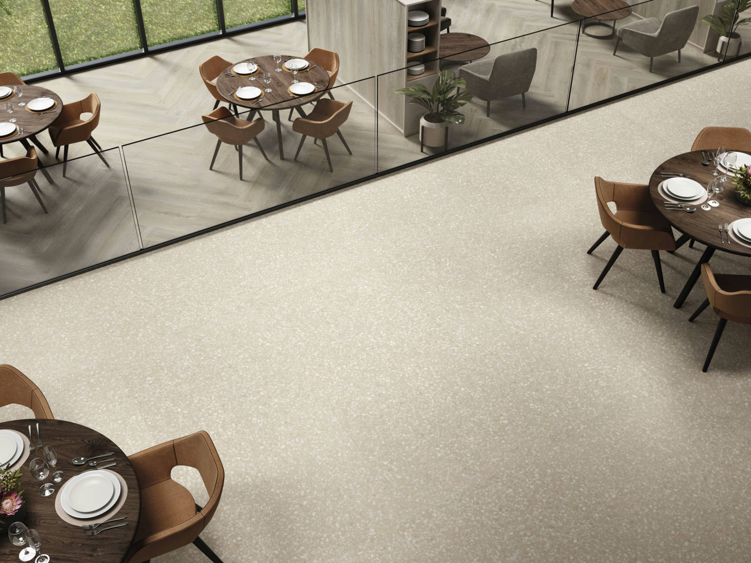 Modern terrazzo-look porcelain tiles in 40x40 size installed on a restaurant floor, featuring a neutral stone blend for a contemporary dining ambiance