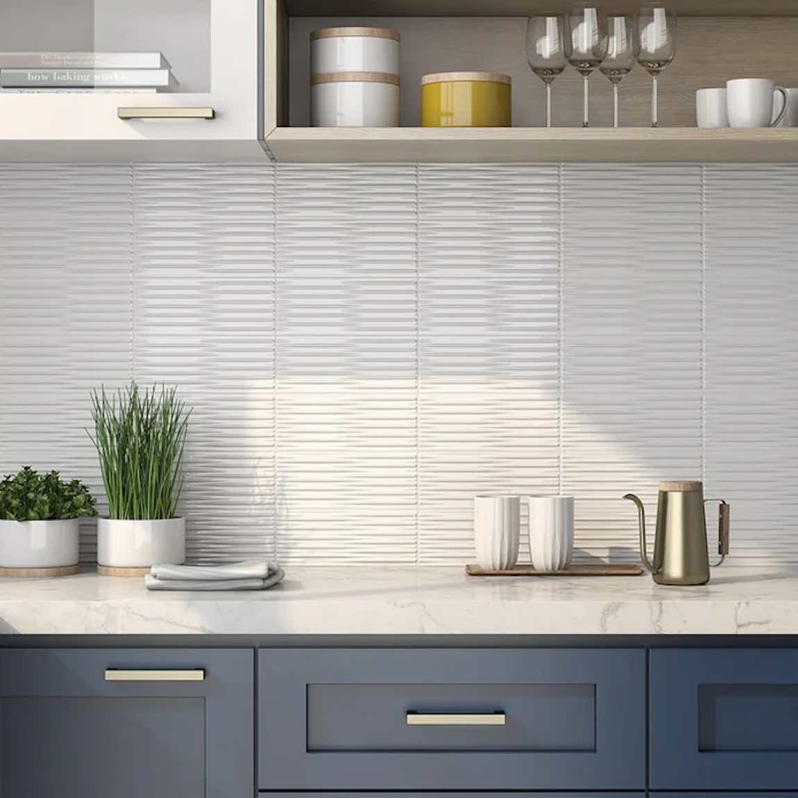 Wavy Subway Tile White Glossy 4''x10'' adds a subtle texture and dimension to any interior wall application, such as kitchen backsplash, bathroom, showers, and fireplace surrounds.