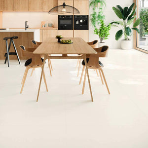 Phoenix Rectified Porcelain Tile 40x40 White Matte featured on a contemporary kitchen floor