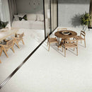 White Terrazzo Look Porcelain Tile 40x40 Rectified Matte featured on an integrated patio and living room