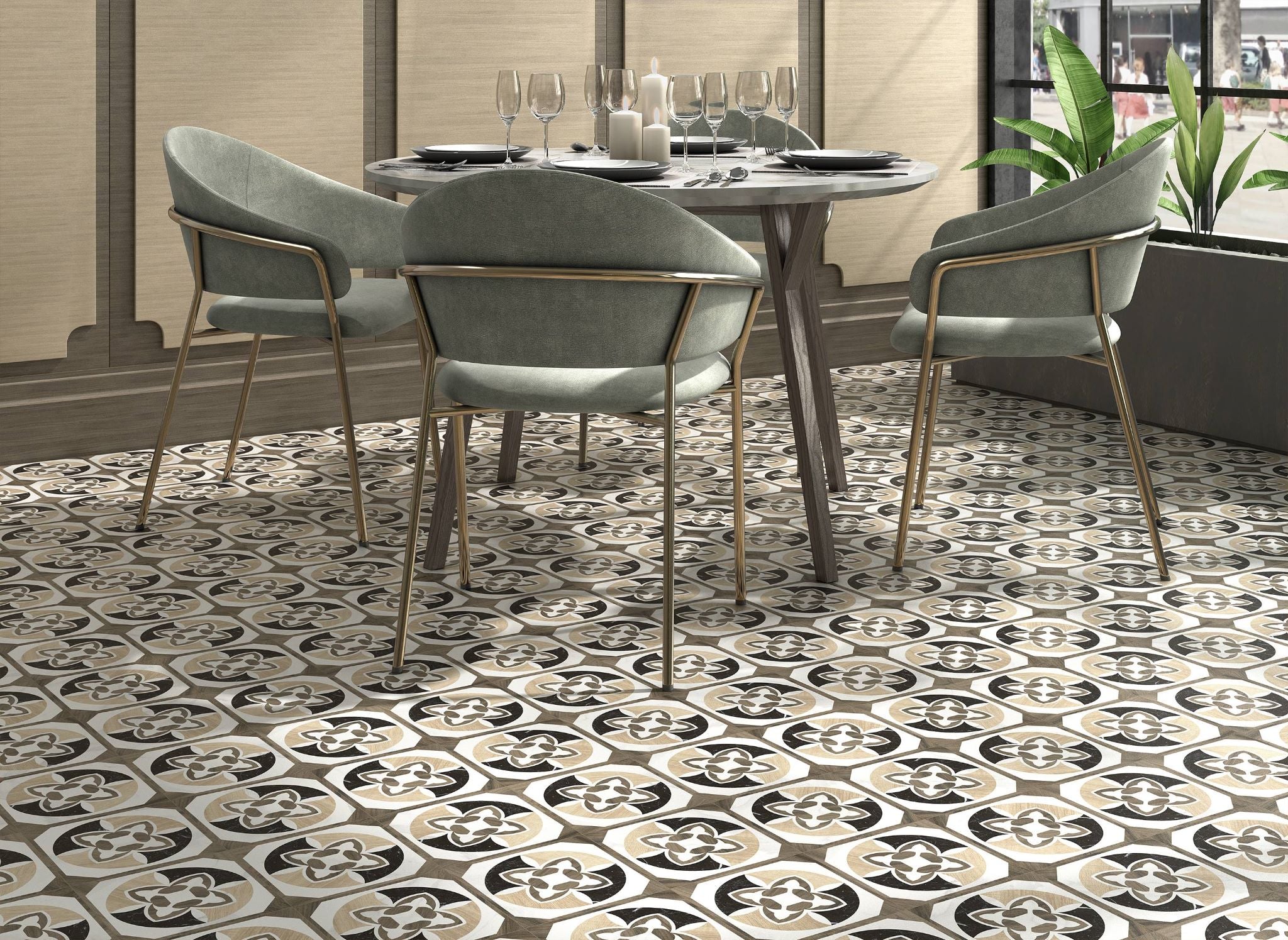 Patterned porcelain tile with an artistic wood design, installed on a restaurant floor to create a warm, inviting atmosphere with a natural wood look and durable, easy-to-maintain surface.