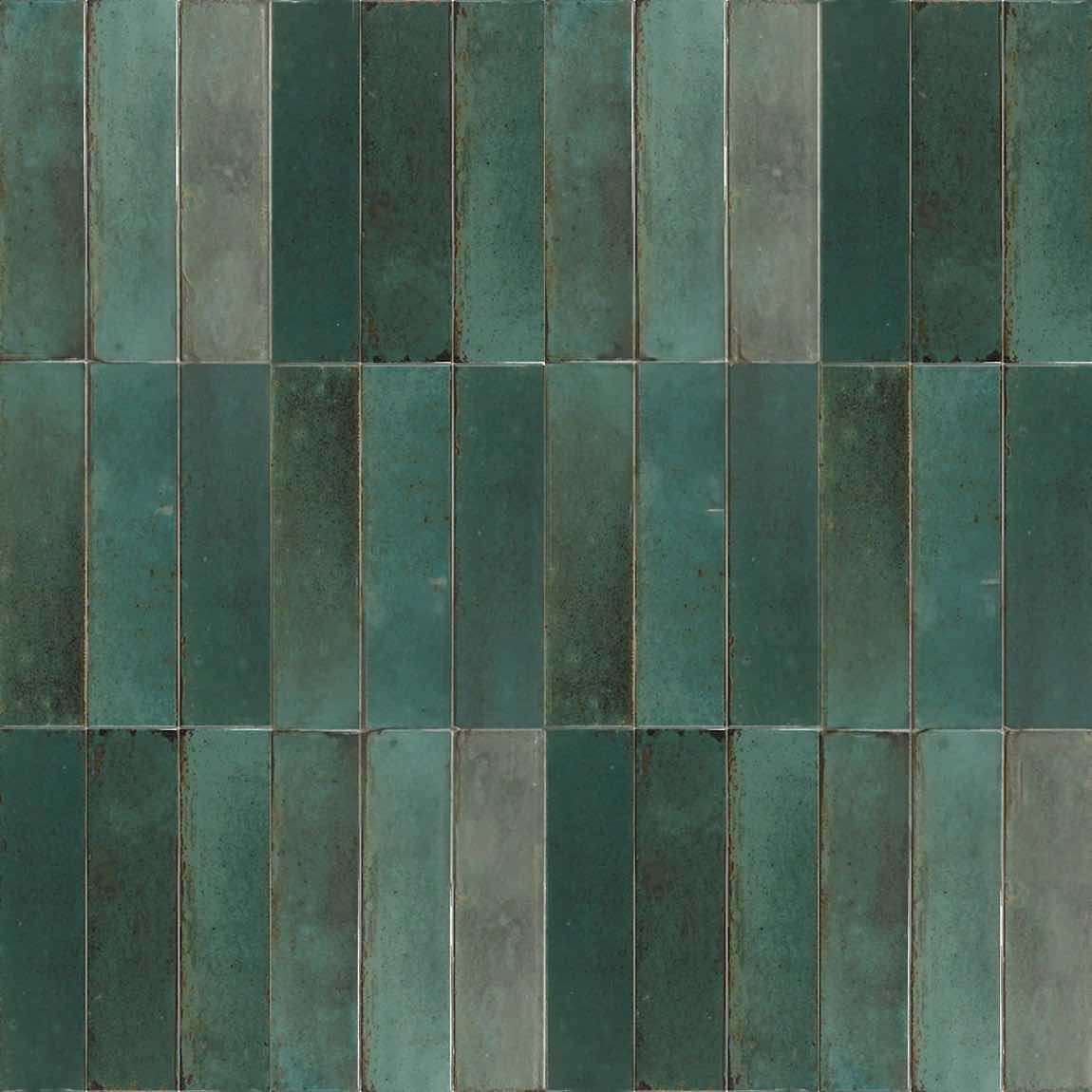 Zellij Distressed Subway Tile Rainforest 2.8x11 vertically installed for bathroom, shower, and backsplash