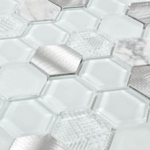 Glass Metal Mosaic Tile Aluminum Hexagon White