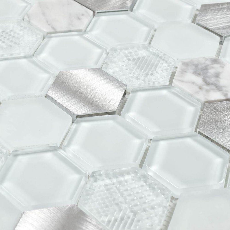 Glass Metal Mosaic Tile Aluminum Hexagon White