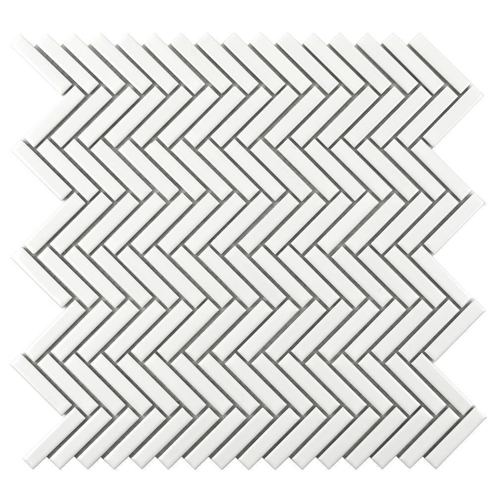 Herringbone Porcelain Mosaic Tile Bright White