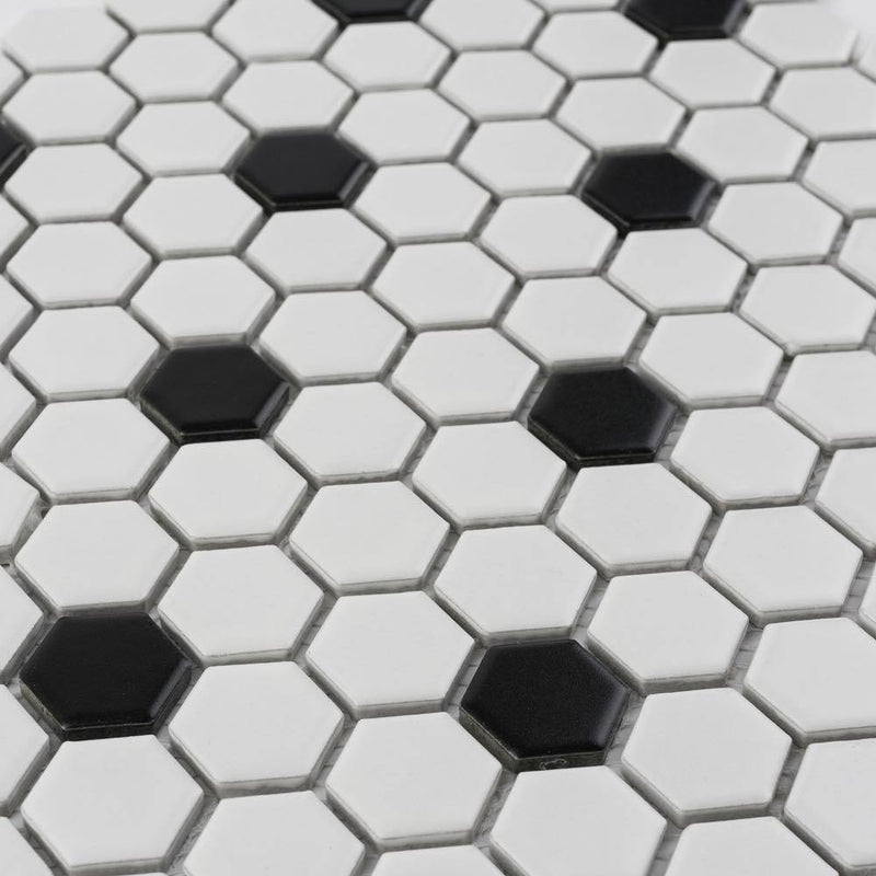 Hexagon Porcelain Mosaic Tile White and Black Dots
