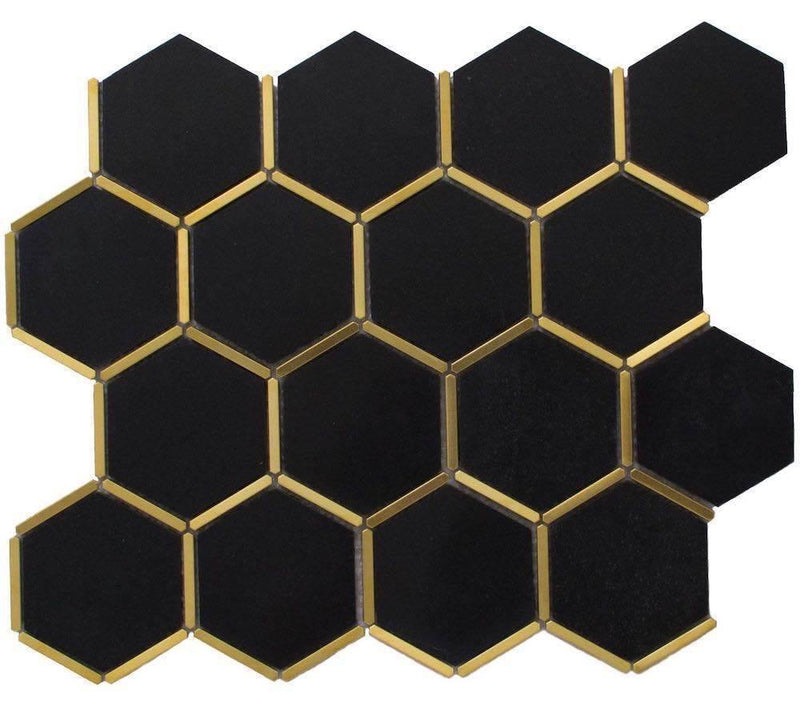 Inlay Brass Gold Hexagon Black Tile