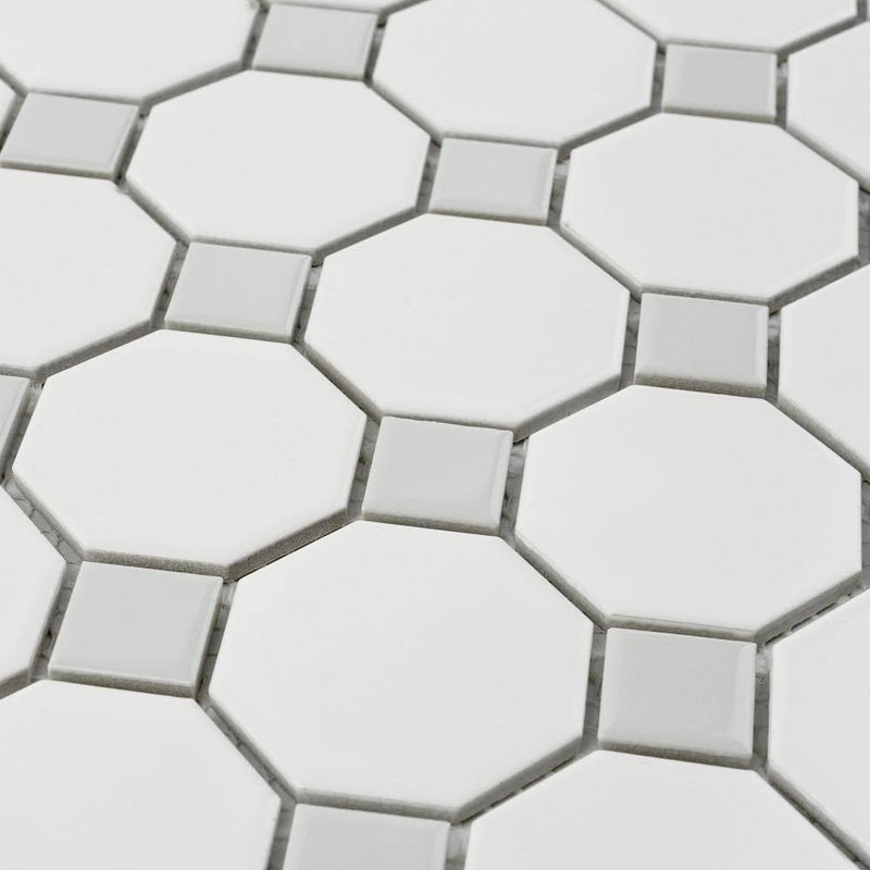 Octagonal Porcelain Mosaic Tile White & Grey