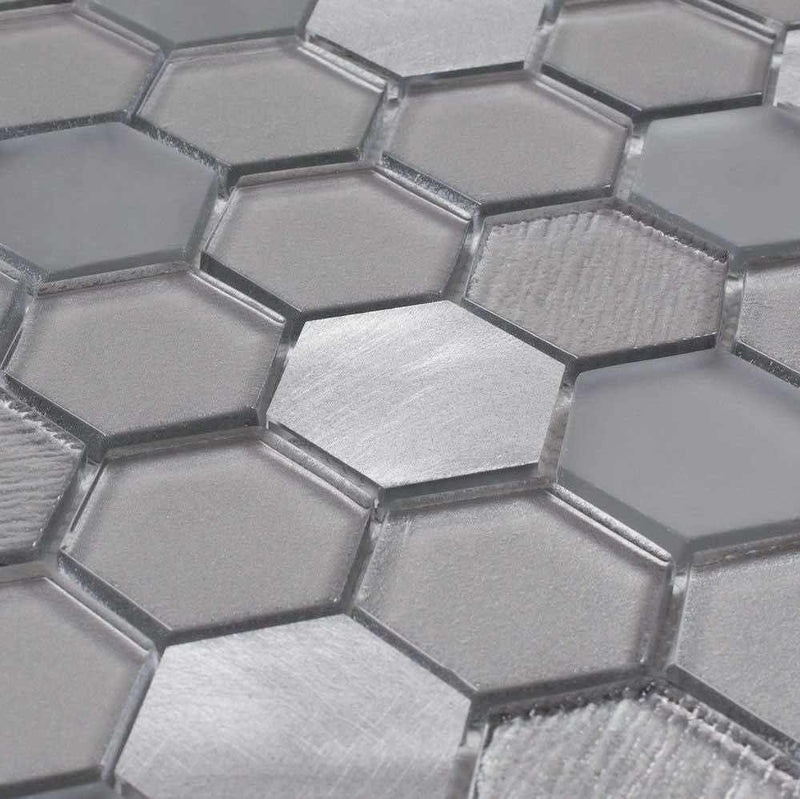 Glass Metal Mosaic Tile Hexagon Grey