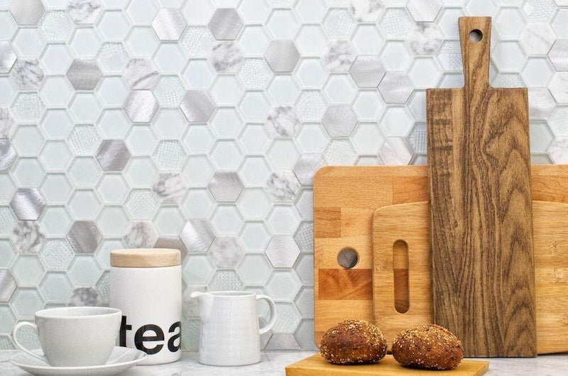 Glass Metal Mosaic Tile Aluminum Hexagon White