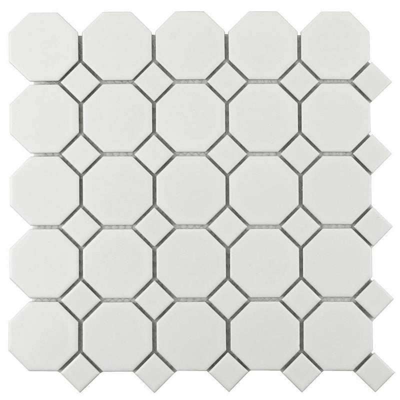 Octagonal Porcelain Mosaic Tile White