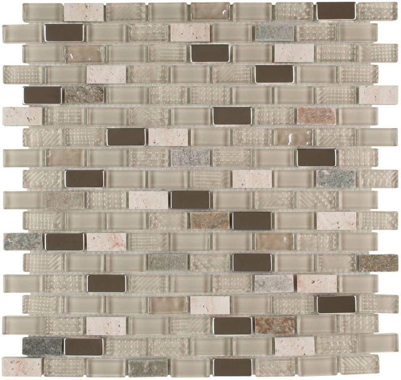 Mini Brick Glass Stainless Steel Tile Taupe