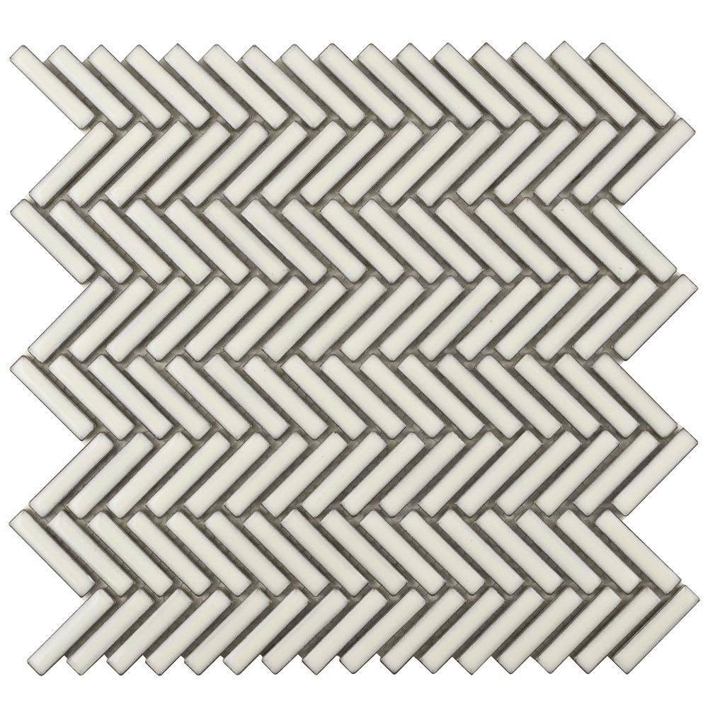 Herringbone Mosaic Tile Vintage Pearl White