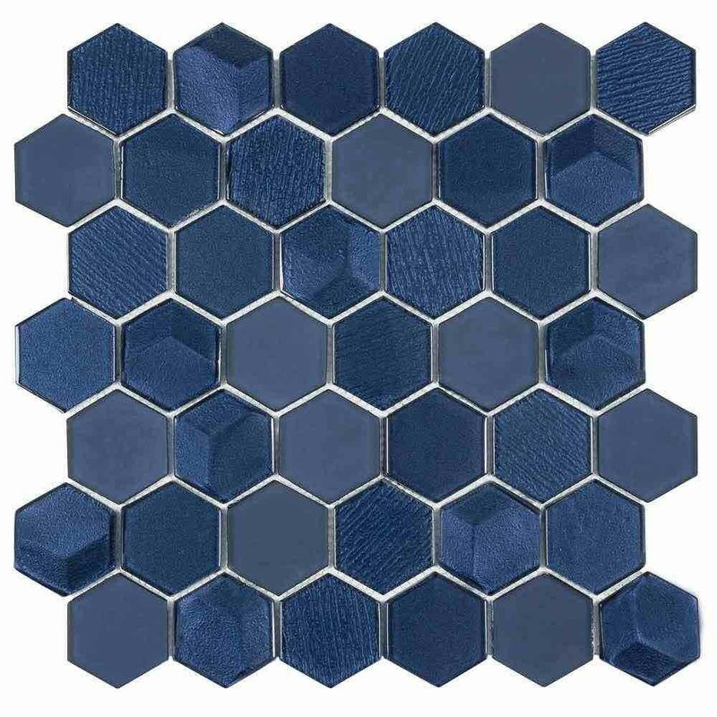 Glass Mosaic Tile Hexagon Ink Blue