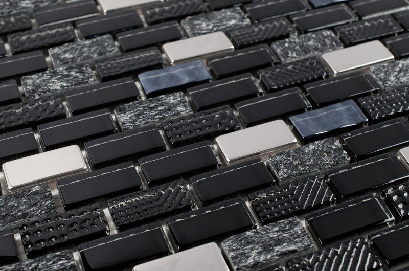 Mini Brick Glass Stainless Steel Tile Black