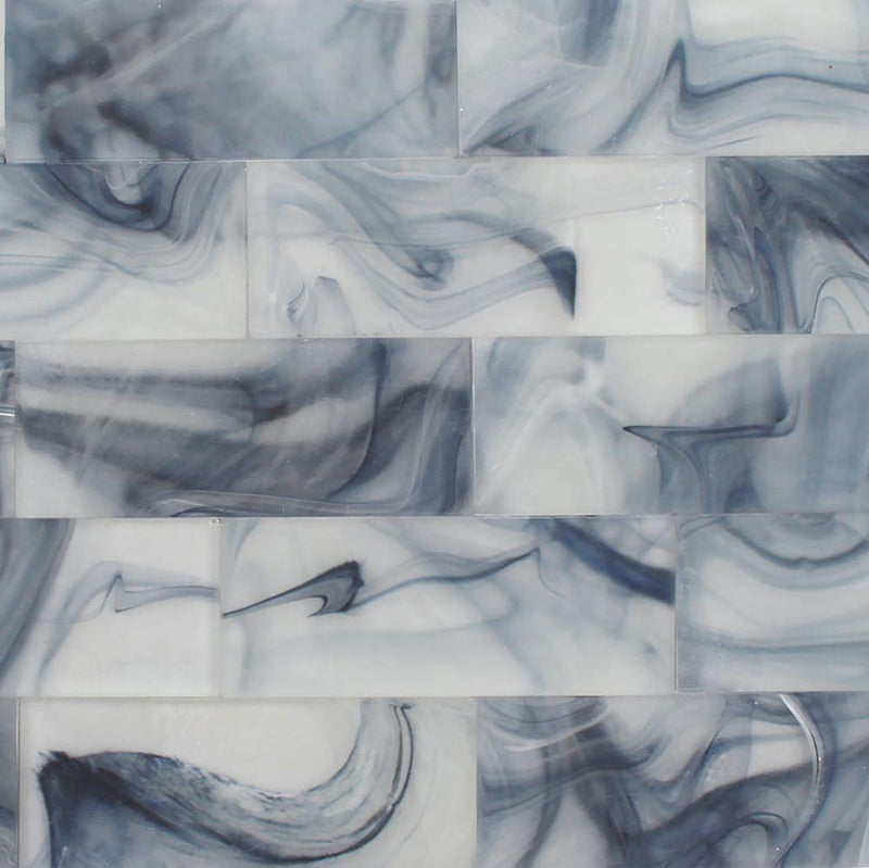 Glass Subway Tile Swirl Blue 3 x 9