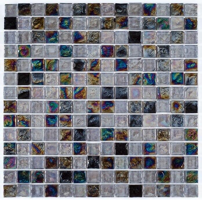 Iridescent Glass Mosaic Tile Black Blend 1x1