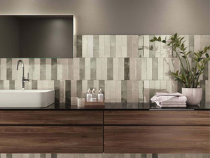 Modern Bathroom Vanity BAcksplash Taupe Subway Tile Glossy