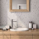 Penny Round Mosaic Tile Carrara White on a bathroom backsplash