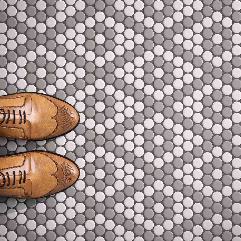 Penny Round Mosaic Tile Grey Pattern 10x9 installed on a floor