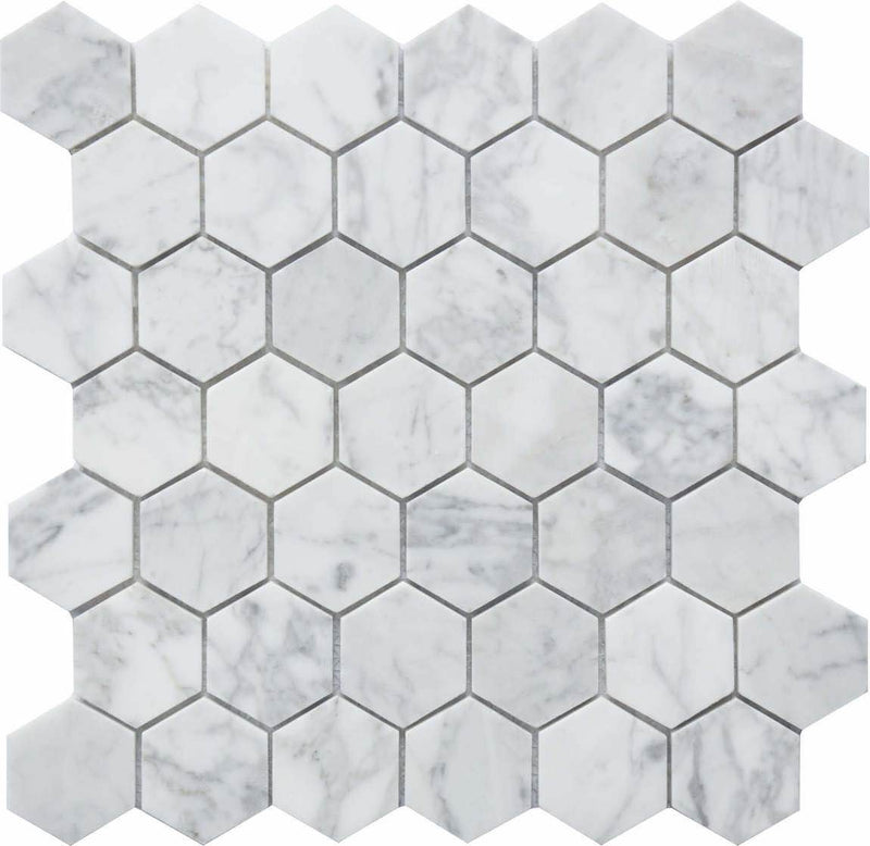 Hexagon Carrara White Marble Mosaic Tile 2x2 for kitchen backsplash, bathroom, shower, wall, and floor