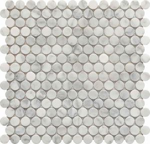 Penny Round Carrara Mosaic Tile Honed for kitchen backsplash, bathroom, shower, floor and walls