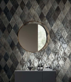 Porcelain Tile Washed Muschio Glossy Rhomboid on a bathroom vanity