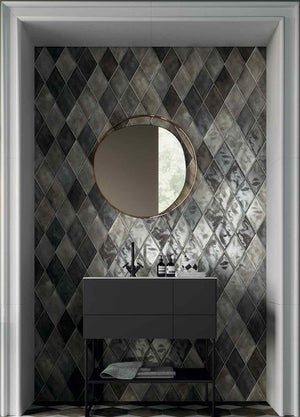 Porcelain Tile Washed Muschio Glossy Rhomboid on a bathroom vanity