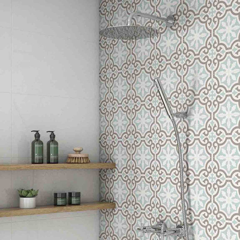 Patterned Tile Aqua 8x8 Installed on a shower wall