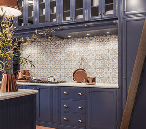 Patterned Porcelain Tile Coto Blue 8x8 and grey mixed installed on a kitchen backsplash
