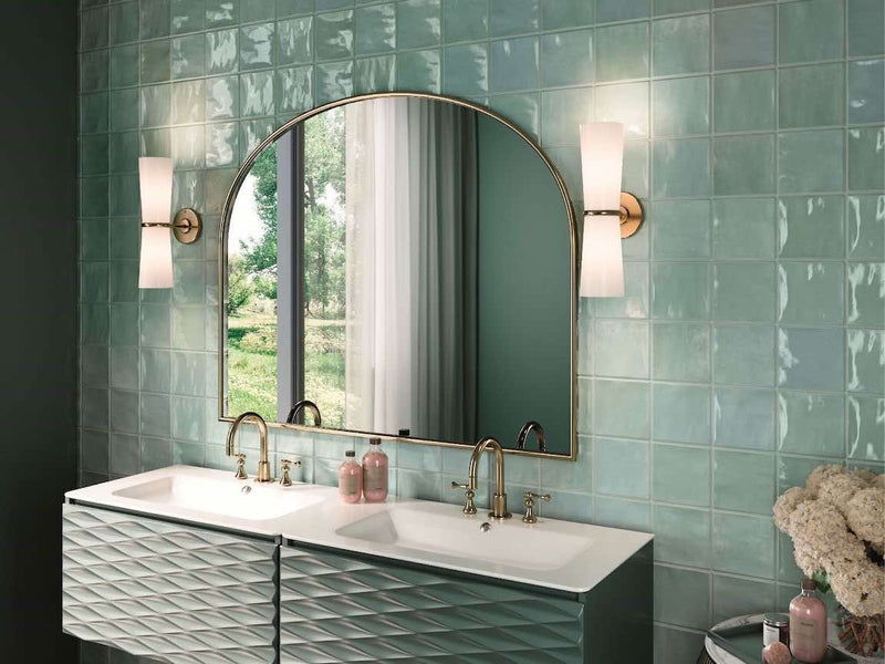Vintage Bathroom Vanity backsplash featuring a powder blue and green tile