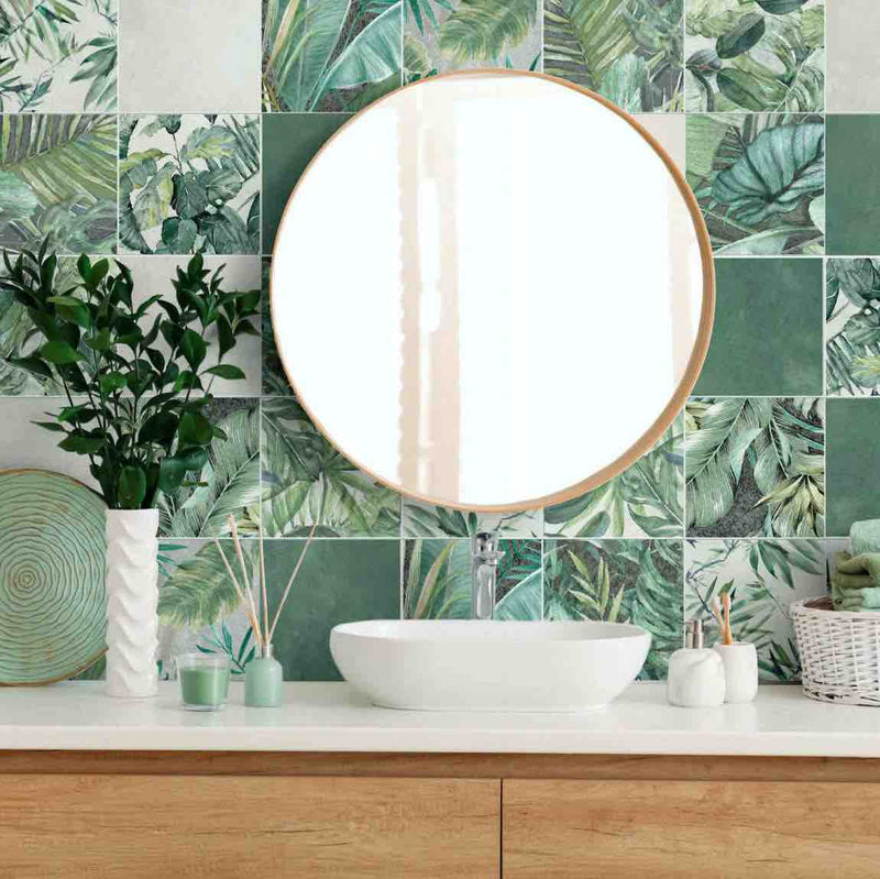 Floral Porcelain Tile Aloe Vera 6x6 mixed with the eucalyptus