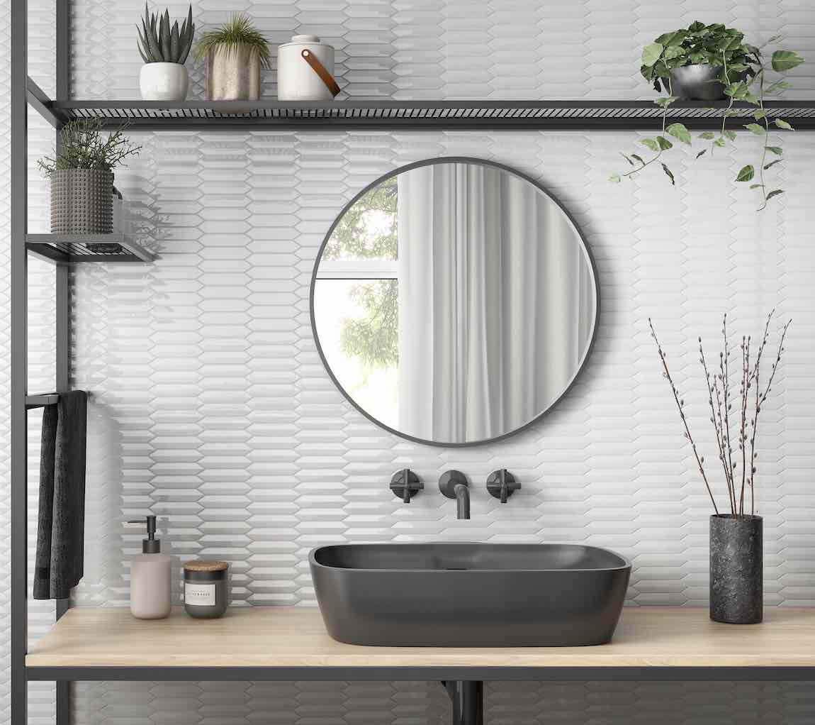 Mini Picket White Glossy Porcelain Mosaic Tile on a bathroom wall