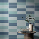 Ceramic Subway Tile Framework 4x12 Mist Aqua mixed with other colors and featured on a feature wall