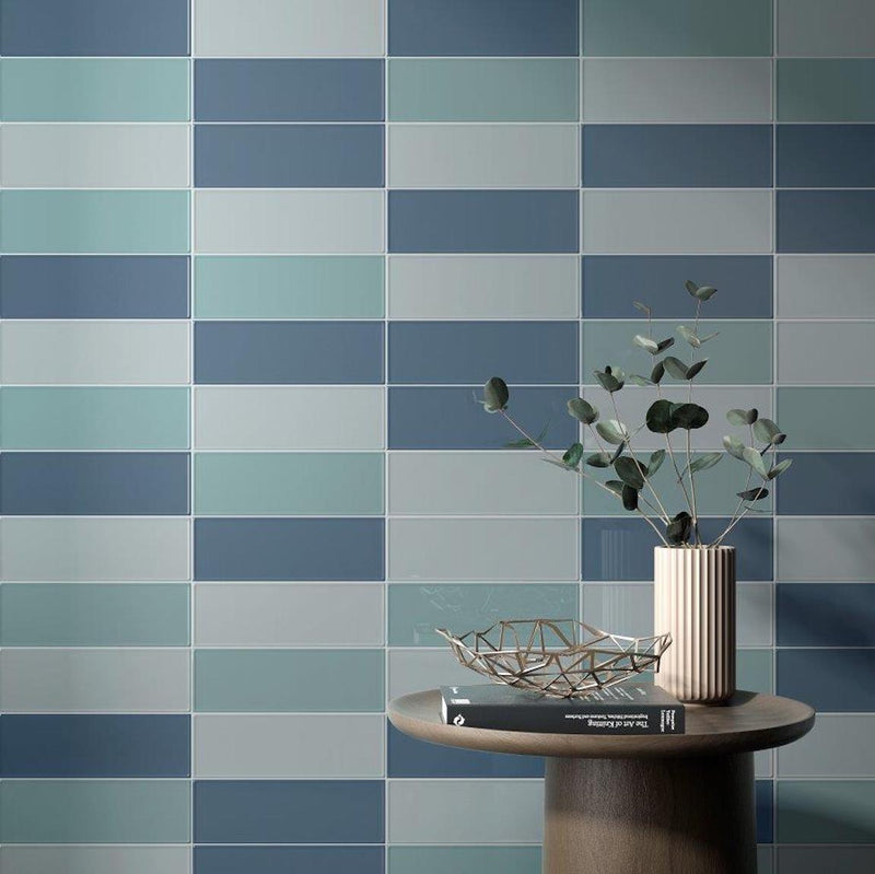 Ceramic Subway Tile Framework 4x12 Diesel  mixed with Mist Aqua and Teal featured on a living wall