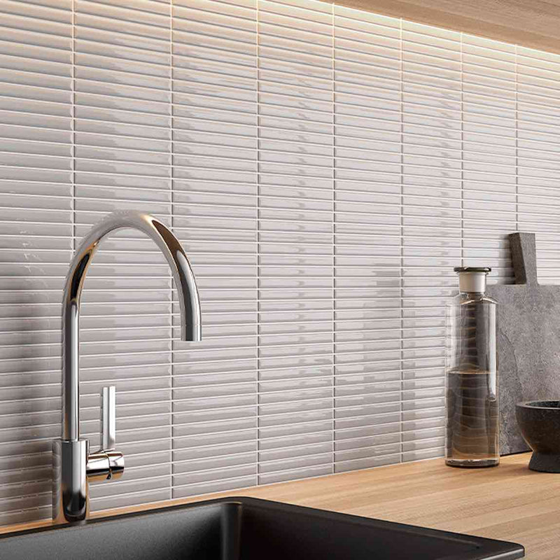 Contemporary kitchen backsplash featuring the Stacked Mosaic Wall Tile Tender Grey by Mineral Tiles