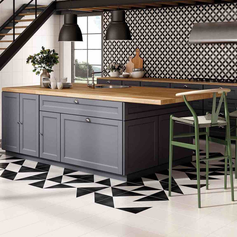 Patterned Porcelain Tile Coal 8x8 features on a modern loft kitchen floor