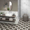 Patterned Porcelain Tile Artistic Wood Five 8x8 featured on a bathroom floor.