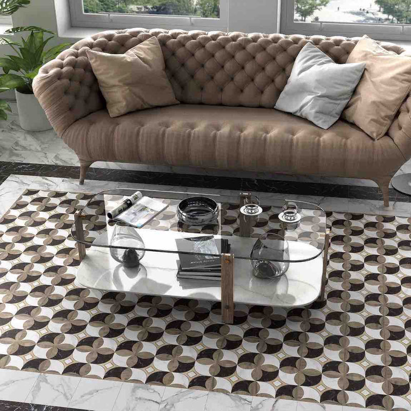 Patterned Porcelain Tile Artistic Wood Five 8x8 featured on a living room floor