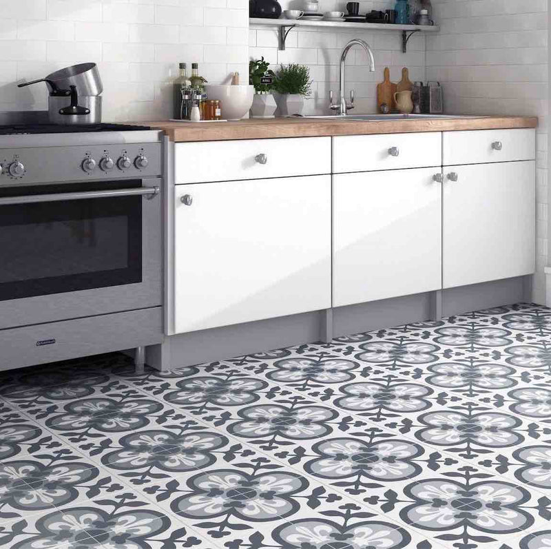 Patterned Porcelain Tile Casablanca 8x8 featured on a farmhouse kitchen floor