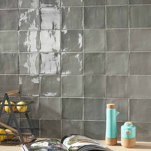 kitchen backsplash featuring Coastal Grey 5x5 Glazed Ceramic Tile by Mineral Tiles