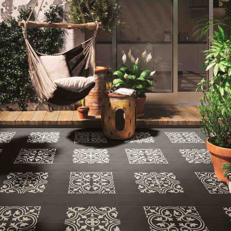 Jazz Patterned Porcelain Tile Backyard 8x8 installed on a cozy and rustic backyard