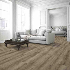 LVP Magnificence Barn Wood 7.25x48 featured on a living room and bedroom floors