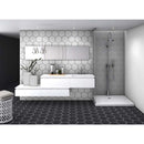 Black, white, and grey bathroom and shower featuring hexagon porcelain tiles
