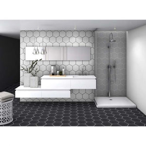 Black, white, and grey bathroom and shower featuring hexagon porcelain tiles