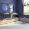 Minimalistic Subway Tile 2x10 Blue Glossy featured on a bathroom blue wall and grey hexagon floor