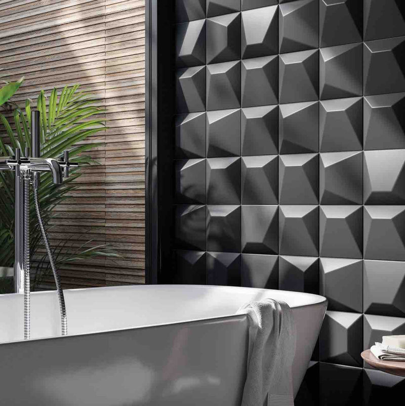 Matte Black 6x6 Block 3D Wall Tile featured on a modern organic bathroom